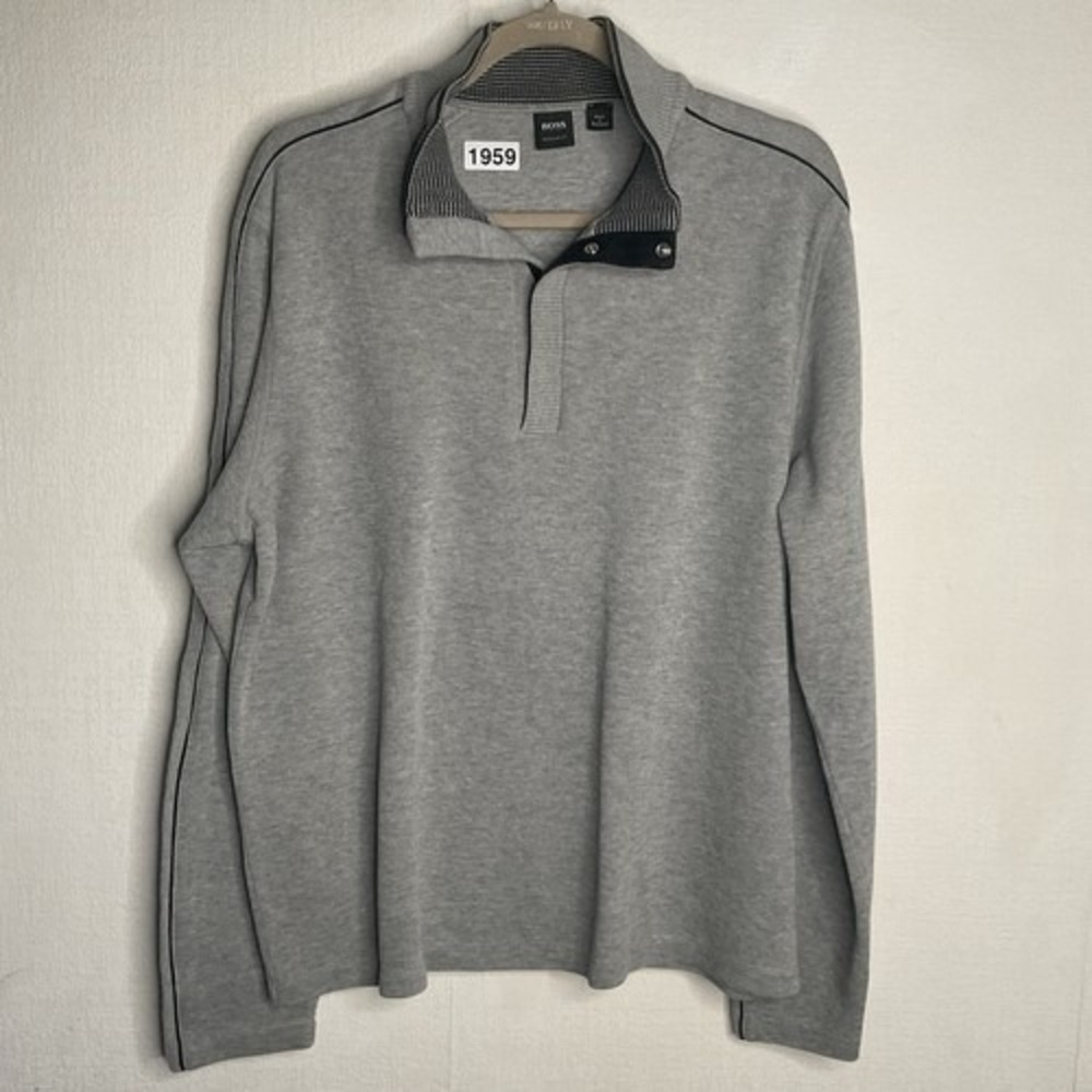 NWOT Hugo Boss Grey Knit 1/4 Snap MockNeck Sweater Men XL Thailand Cotton‎